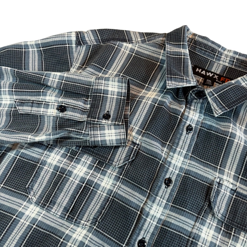 Hawx FR Work Gear Shirt‎ Navy Blue Plaid Flame Resistant 2XL HXFRFA21W2-NAVY